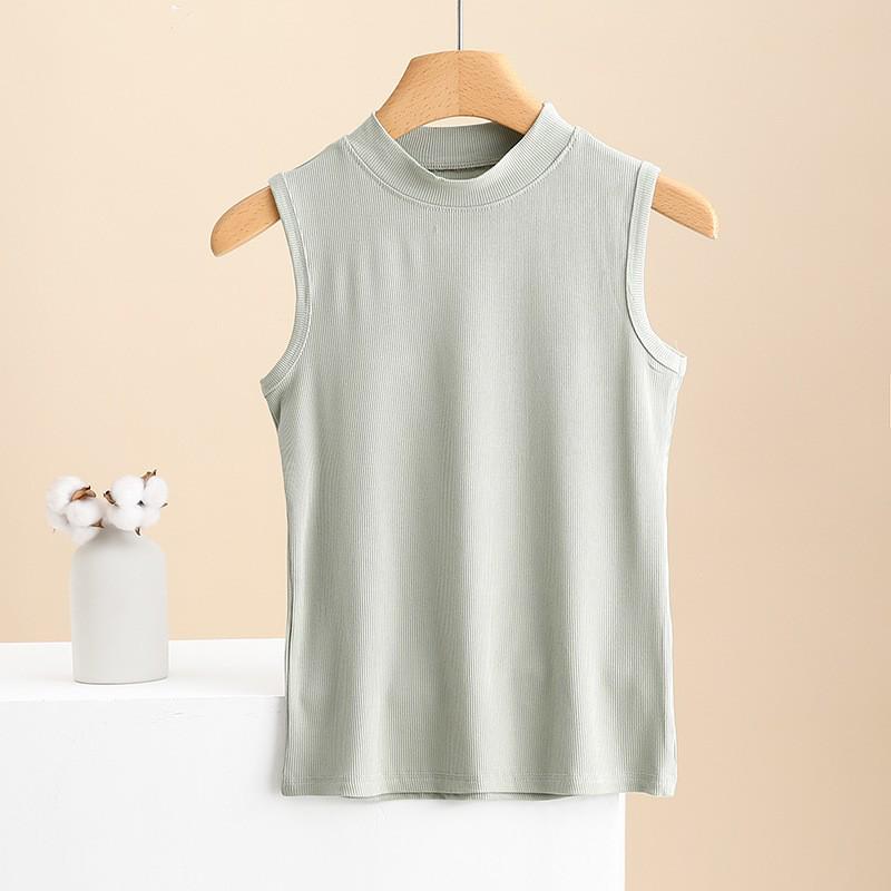 Women's Sleeveless Semi-High Neck Slim Cotton Vest - Solid Color Summer Top