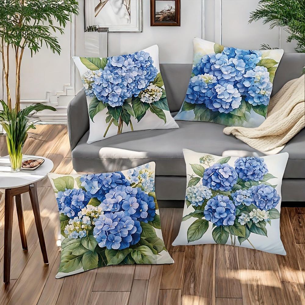 Blue Hydrangea Floral PillowcaseBedroom Sofa Decorative Cushion Cover With Zipper Soft Cushion Cover