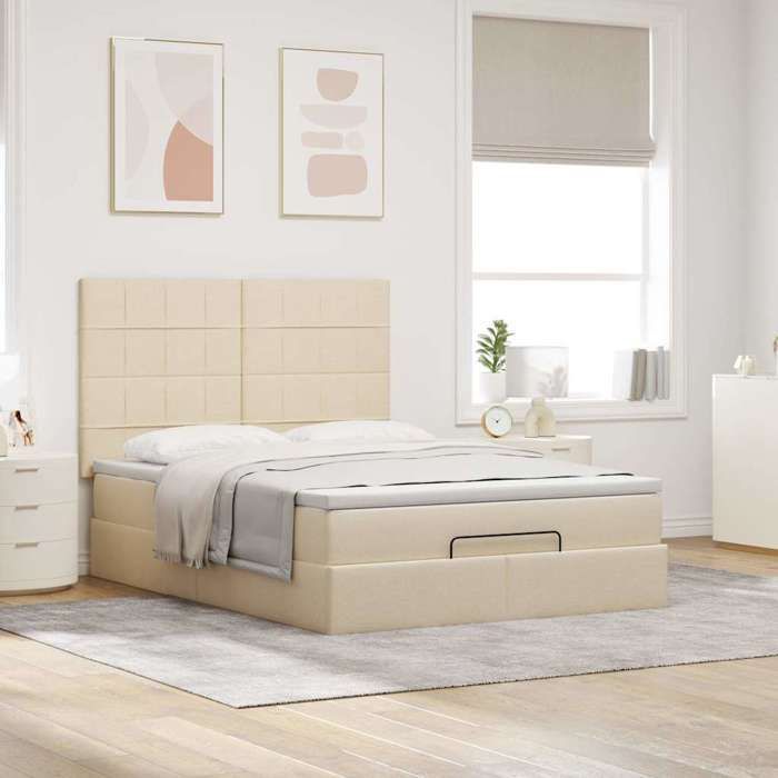 Cadre de lit avec matelas - Maison Exclusive - 140x200 cm - Tissu crème - Rangement ottoman hydraulique