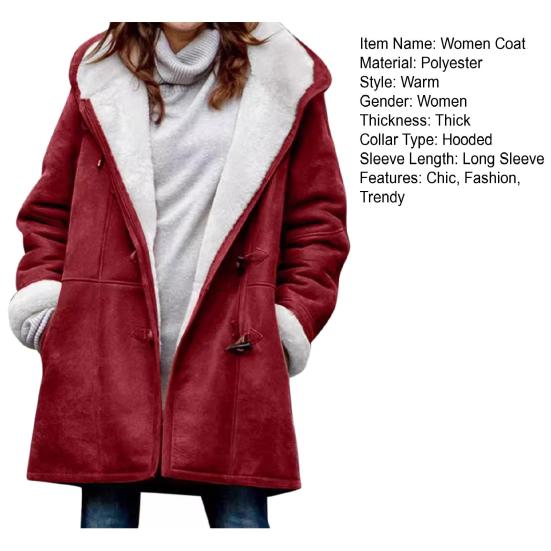 Women's Sherpa Lined Hooded Coat Casual Long Sleeve Horn Button Fleece Jacket with Hood Thicken Winter Warm Outerwear with Pockets