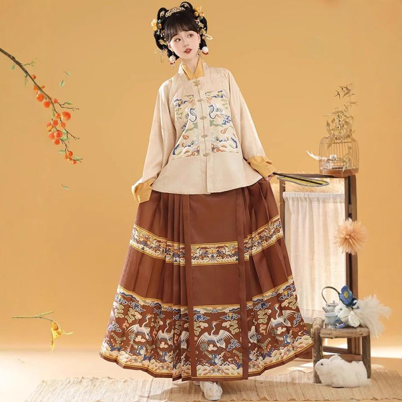 Traditional Chinese Ming Dynasty Style Hanfu Set: Floral Jacquard Square Collar Short Sleeve Jacket Horse Face Skirt Women