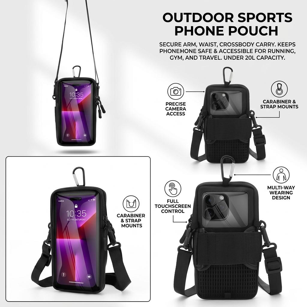 Sport Armband For Smartphone Running Fitness Waist Bag 3-In-1 Design Touch Screen Window Reflective Strips