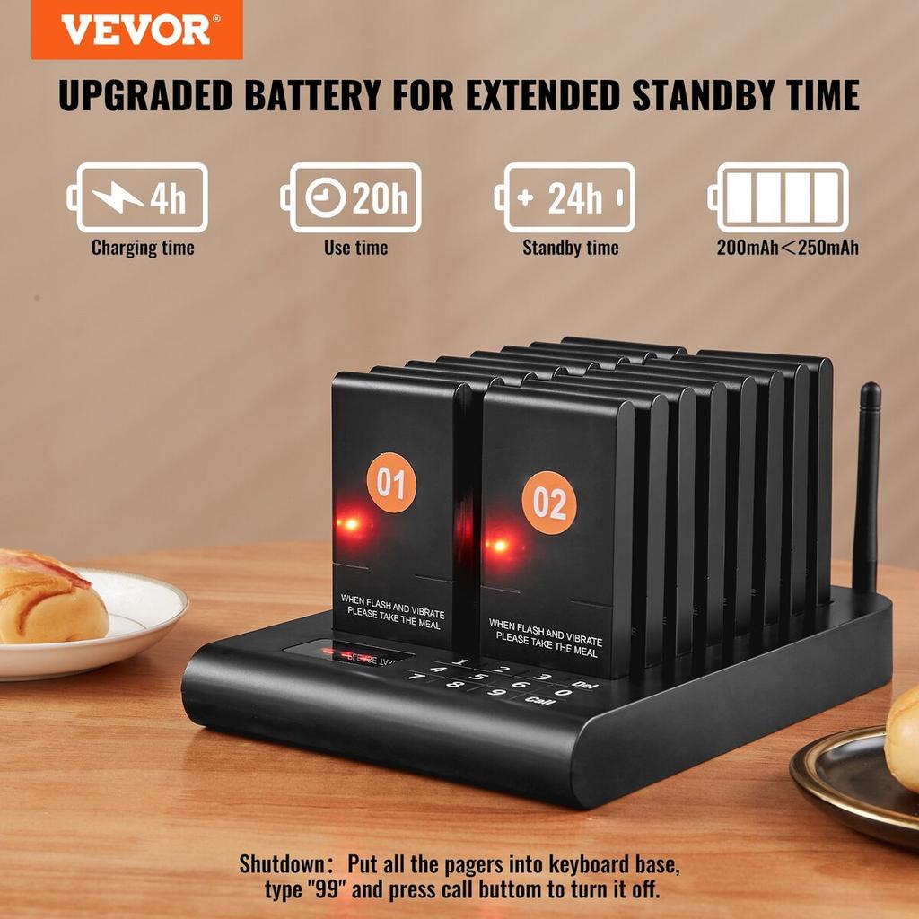 Restaurant-Pager-System, Kabellos 500m Reichweite Aufstell-Warteschlangen-Signal, Gäste-Kunden-Ruf-Piepser mit Vibration & Blinken, 16 Piepser