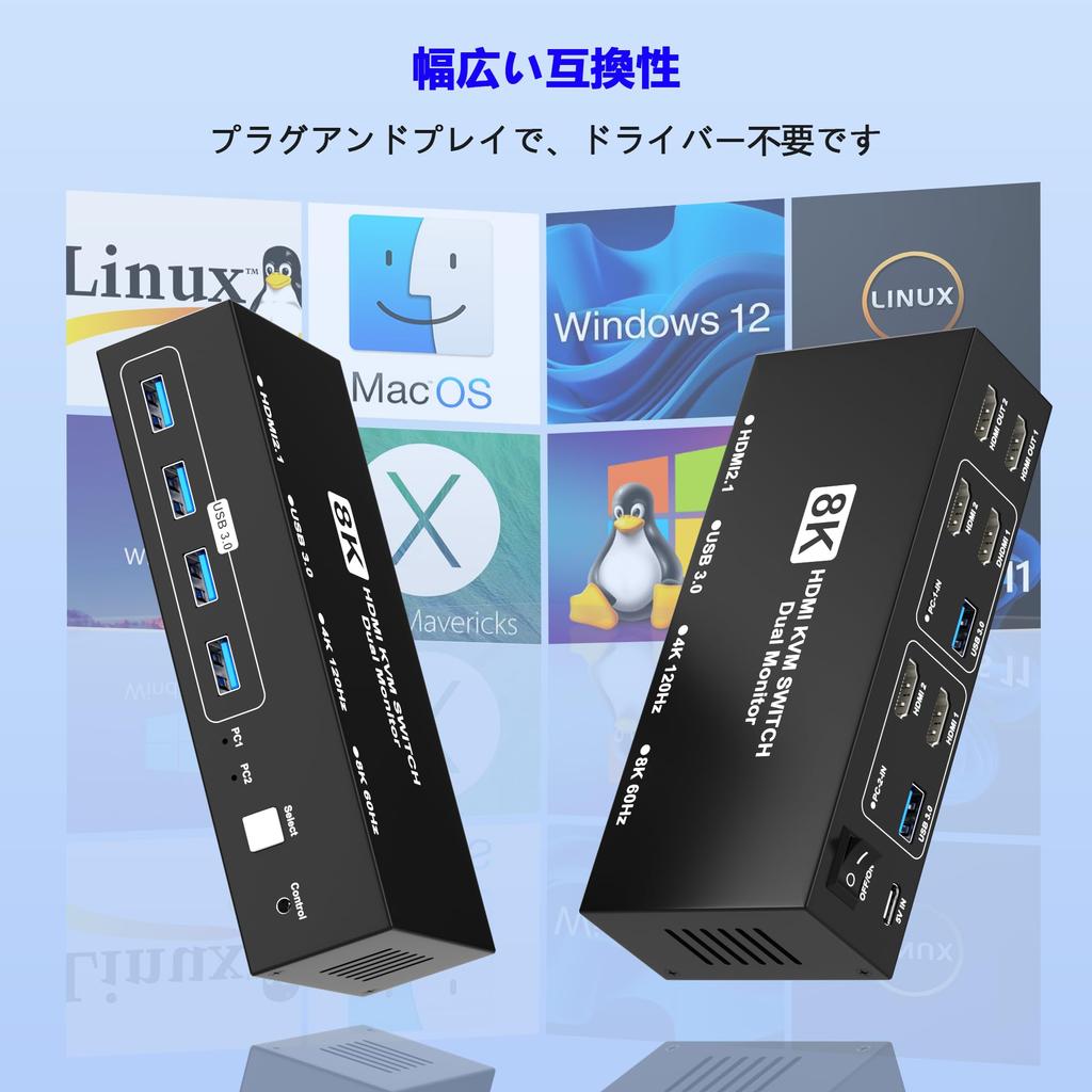 8K@60Hz HDMI KVM-Switch, 2 Eingänge/2 Ausgänge, HDMI KVM-Umschalter, schaltet zwischen 2 PCs und 2 Monitoren um, 4 USB 3.0-Anschlüsse, unterstützt Tastatur/Maus/Drucker