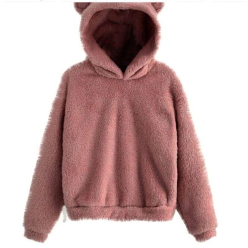 

Plus Size Women s Clothing Fashion Style Fall Winter Hooded Rabbit Ears Fleece-lined Padded Long Sleeve Sweater Hoodie Outwear S-5XL Leather pink M