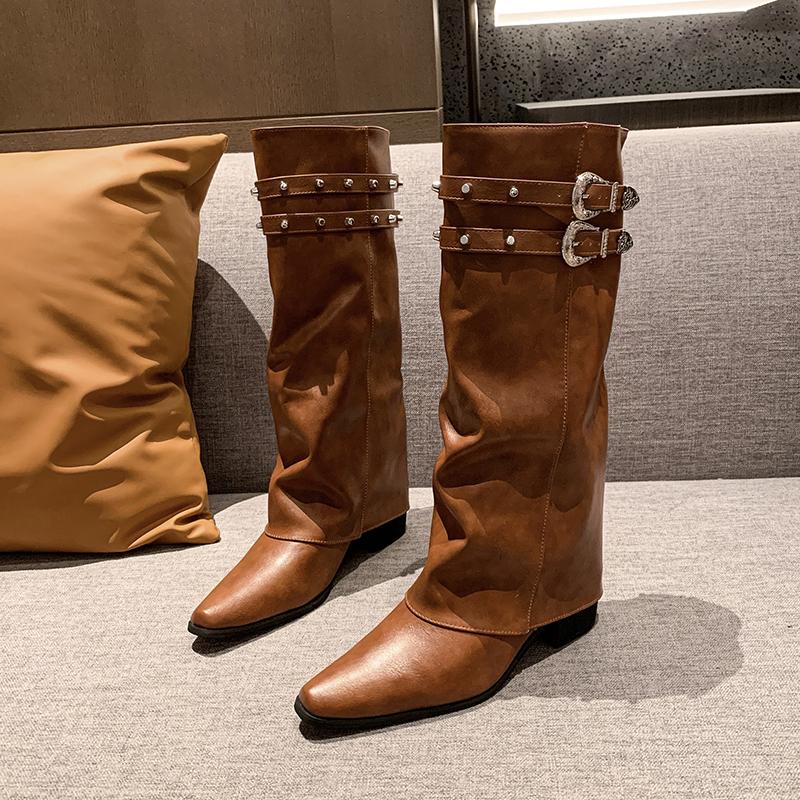 Fashion Luxury Designer Winter Women Western Cowboy Boots Fashion Ladies Elegant Knight Long Boots Square Heel Women's Shoes