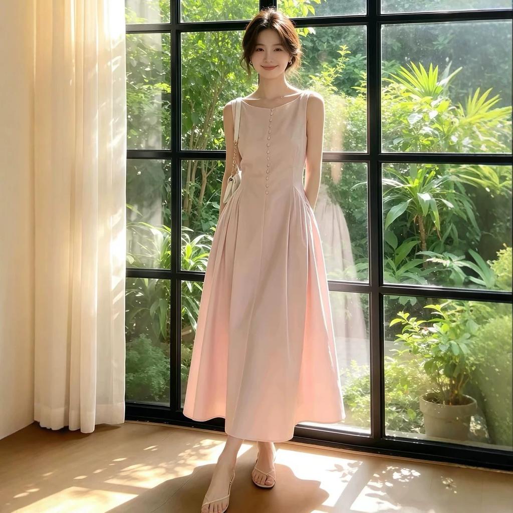 The Small Man Is Huge and Good-looking French Pink Sleeveless Dress, Children's Early Summer Unique and Beautiful High-end A-word Long Dress
