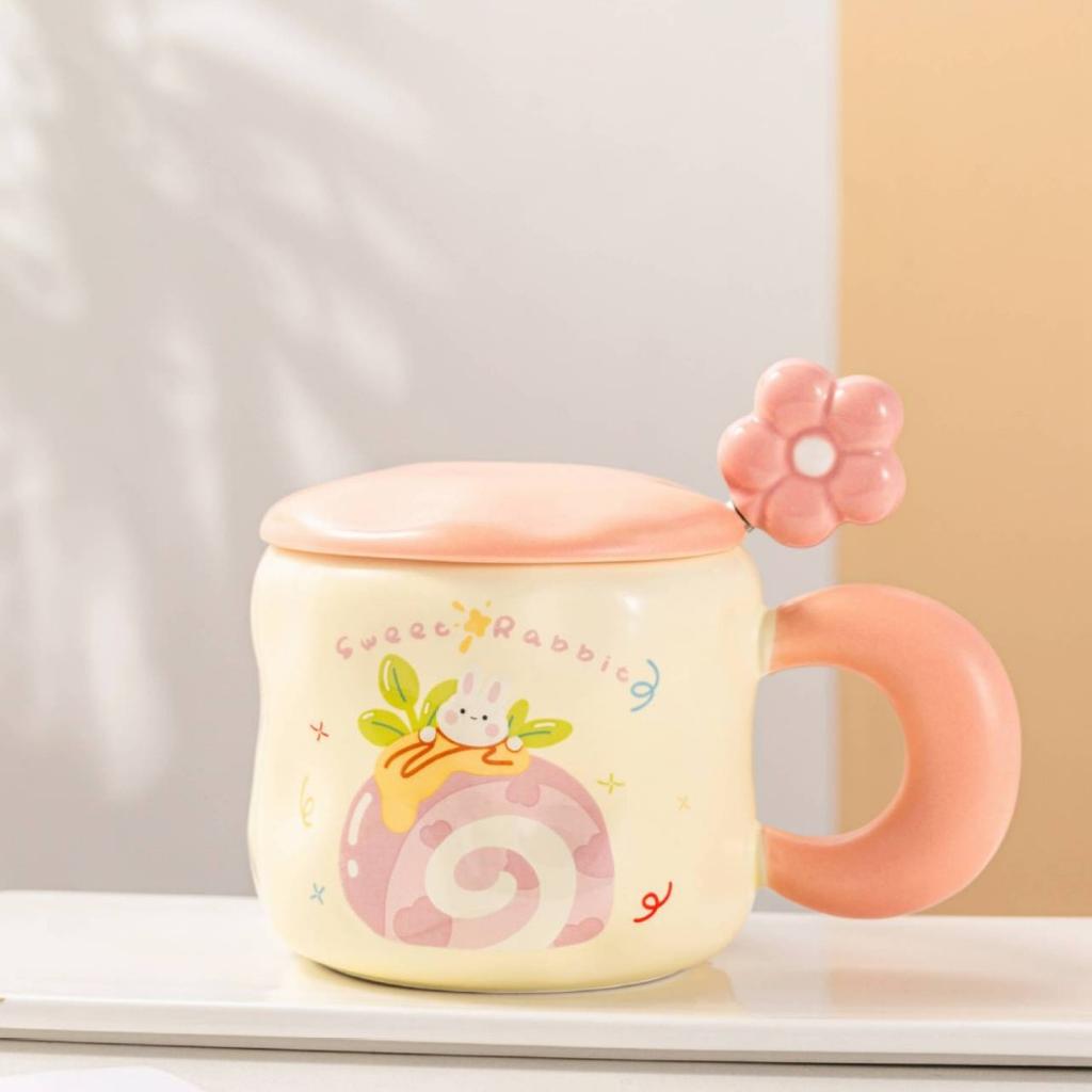 Niche ceramic cup chubby handle mug cute wind cup high value with lid spoon water cup coffee milk tea cup