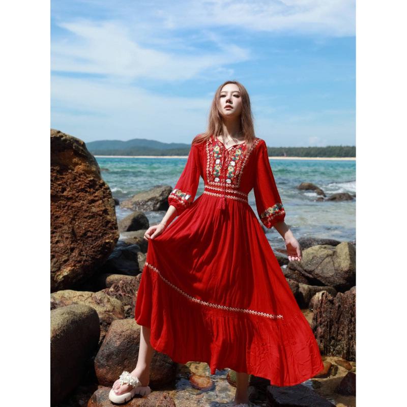 Women's White Embroidered Ethnic Summer Beach Dress with Big Swing Skirt