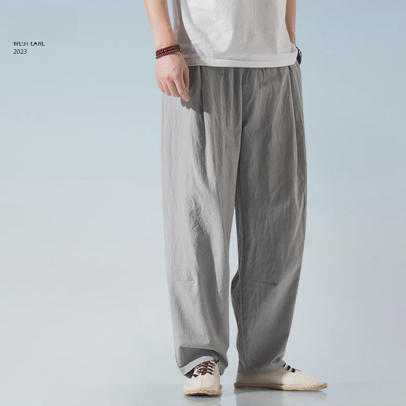 Men's Summer Thin Cotton & Linen Loose Harem Pants - Solid Color Retro Bloomers