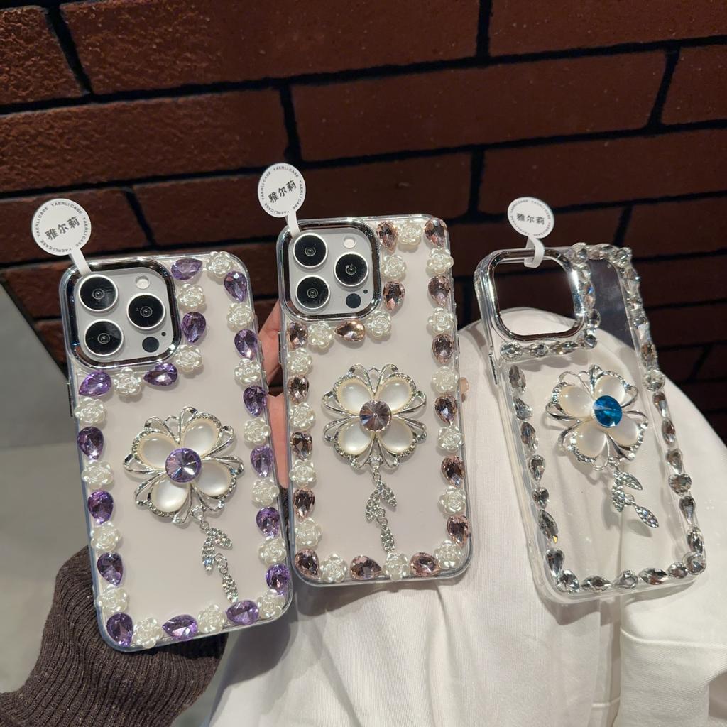 Applicable To OPPO FindX9 Four-leaf Clover Luxury Rhinestone Mobile Phone Case Three-dimensional Advanced Sense RENO14 Transparent Plating