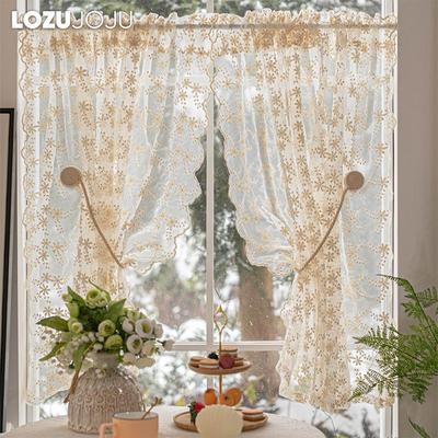 1PC LOZUJOJU Flower Embroidery Lace Sheer Curtain French Countryside Cream Style Half Curtain for Bedroom Living Room Window Showcase Home Decor