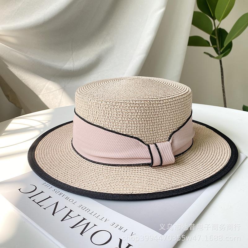 French Flat Top Straw Hat Children's Summer New Straw Top Hat Seaside Sunshade Sunscreen Hat Beach Sun Hat