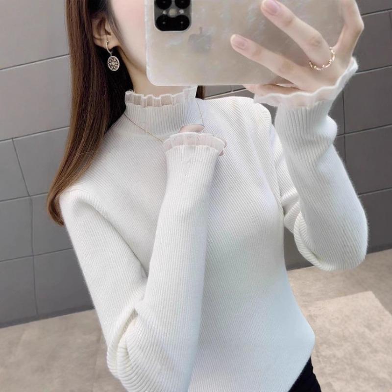 New semi-turtleneck fleece thickened sweater women's autumn and winter lace edge integrated fleece knitted sweater bottoming shirt