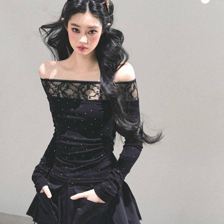 Pure Desire One-Shoulder Slim-Fit Lace Cropped Long-Sleeve Top for Women - Early Spring Style One Size чёрный