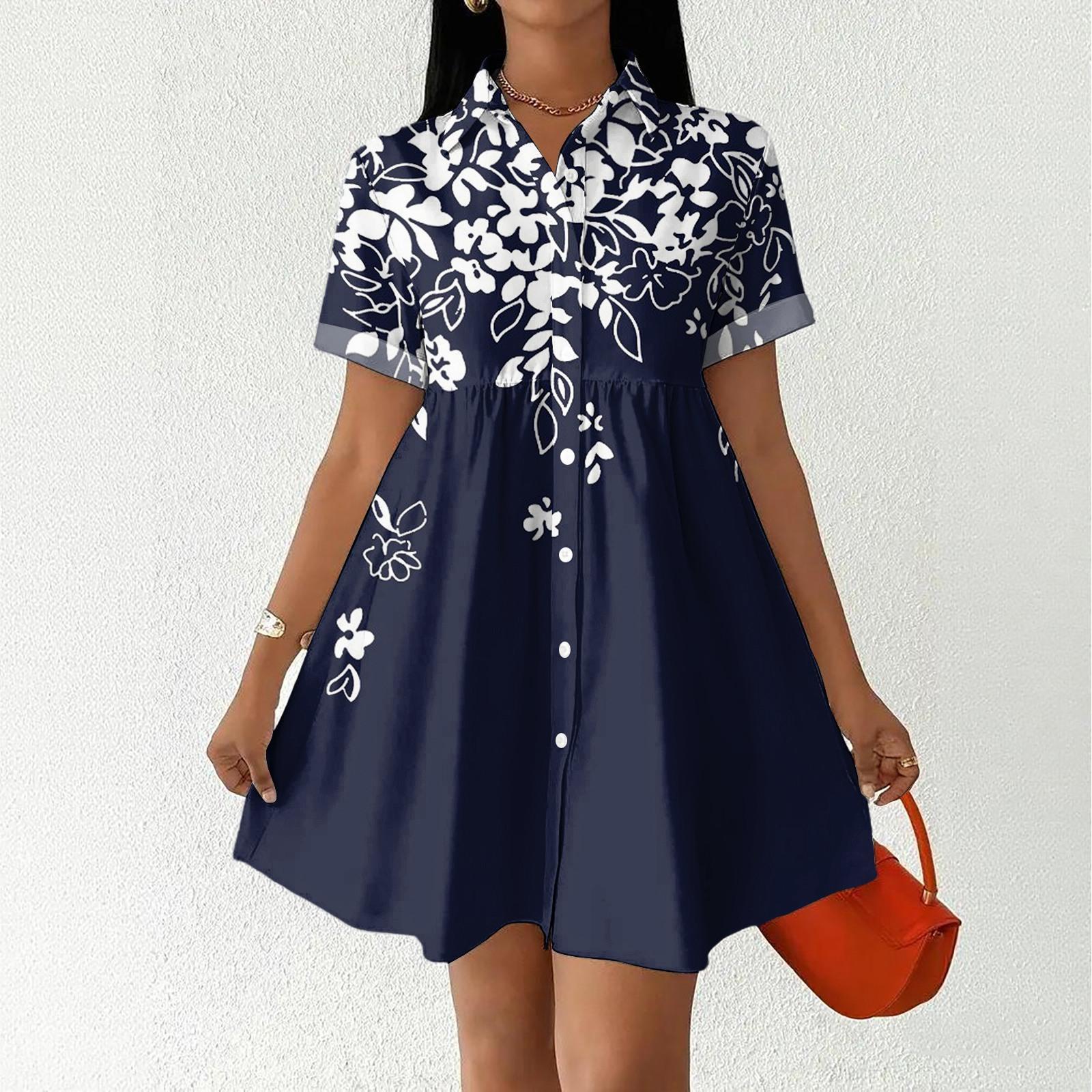 

Women s Casual Loose Fit Shirt Dress Button Front Short Sleeve Collared Dress with Floral Print Suitable for Daily Wear and Outdoor Activities XL Темно-синій