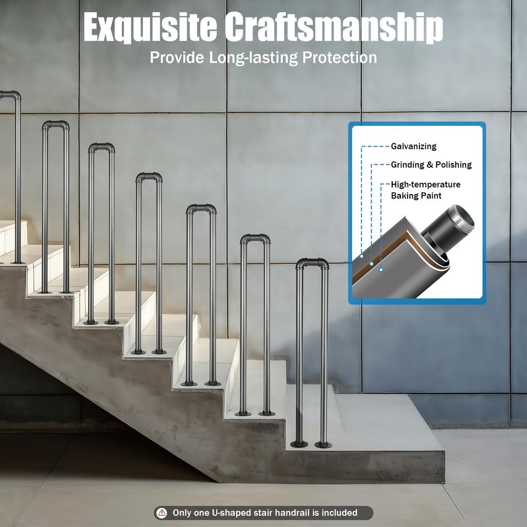 Industrial Matte Black U-Shape Handrail, 50kg Load Galvanized Steel Stair Railing, Wall Mounted Safety Handle for Elderly Kids I