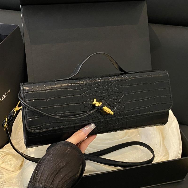 Women's bag crocodile pattern dinner bag baguette bag diagonal lock horizontal handbag new shoulder messenger bag women