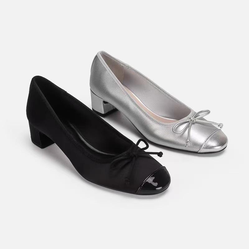 Sheepskin version niche design bow single shoes new middle heel shallow mouth commuter work shoes