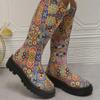 Vintage Floral Pattern Platform Long Boots  Women Fashion Show Style Slip-on Female Mid-Calf Boots Casual Large Size 43 Booties