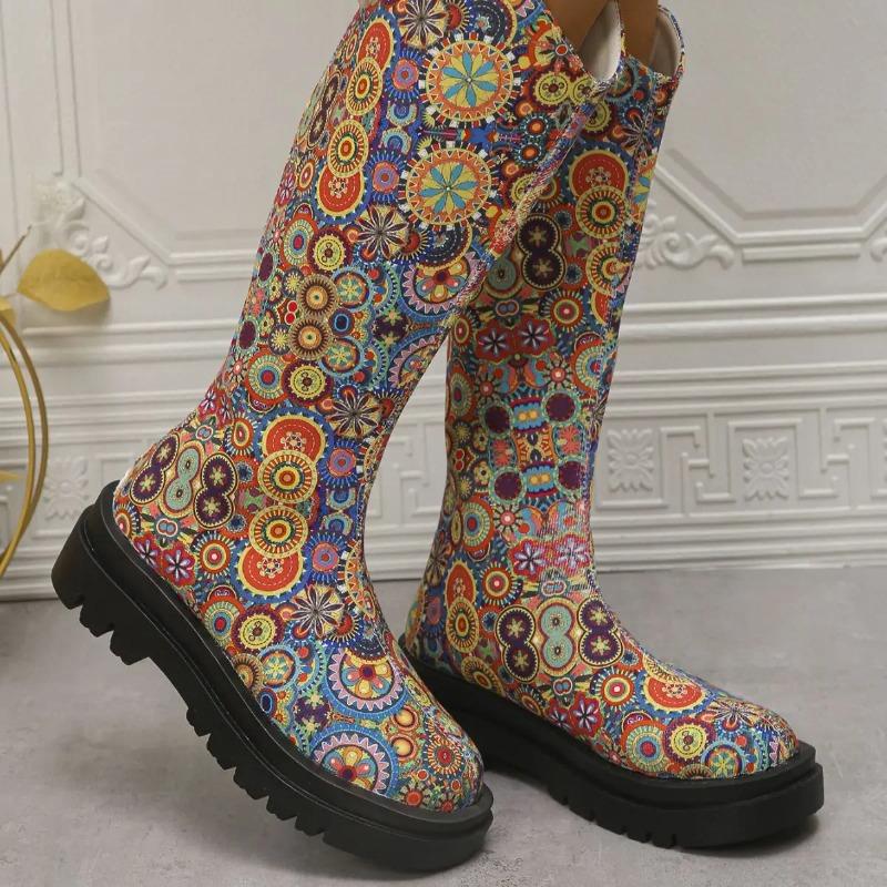 Vintage Floral Pattern Platform Long Boots  Women Fashion Show Style Slip-on Female Mid-Calf Boots Casual Large Size 43 Booties