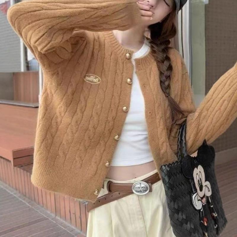 Autumn crew neck single-breasted cardigan sweater women's twist design sense knitted women's college style jacket
