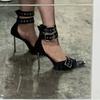 Metal buckle temperament versatile premium black high heels street cool handsome punk style sexy hollow 2025 autumn new