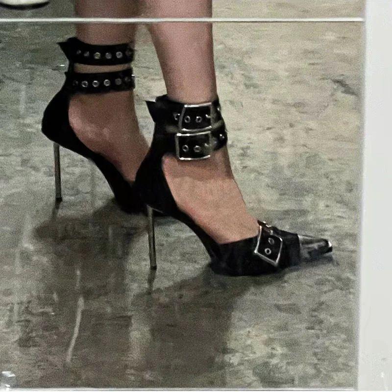 Metal buckle temperament versatile premium black high heels street cool handsome punk style sexy hollow 2025 autumn new