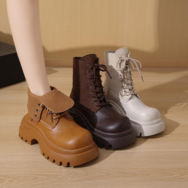 Thick-soled Martin Boots Women's Autumn New Lace-up Lapel Two Wear Martin Boots Short Boots Tooling Boots Rhubarb Boots