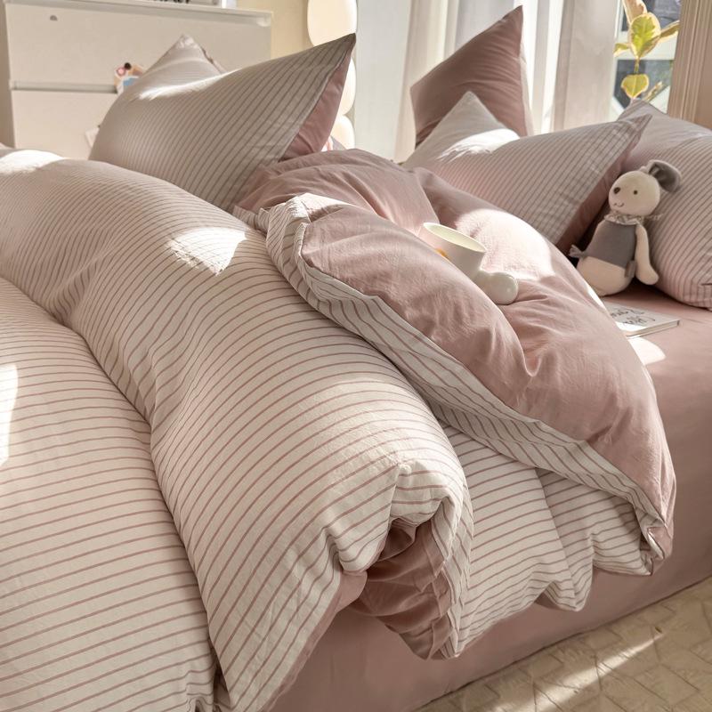 Ins Style Cotton Brushed Stripe Bedding Set: Skin-Friendly Bed Sheet, Duvet Cover, and Bed Skirt for Student Dorms