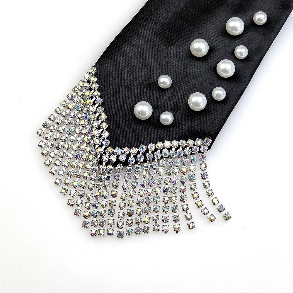 Korean Style Hand-beaded Long Necktie Black Decoration Shirt Tie Fashion Pearls Tie Daily