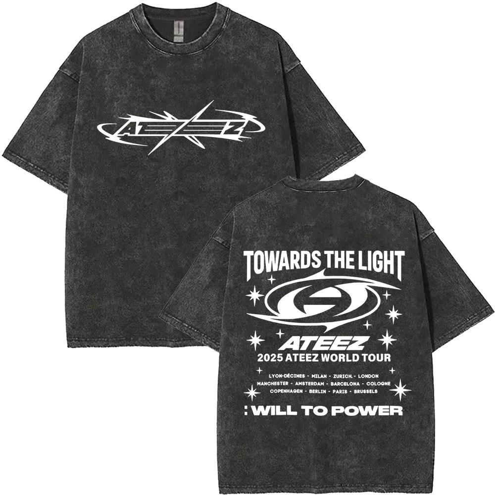Washed Vintage Kpop ATEEZ "FlX ON" Merch T-shirt Men Women Korean Fashion Trend T Shirts Men's Casual Oversized Cotton T-shirts