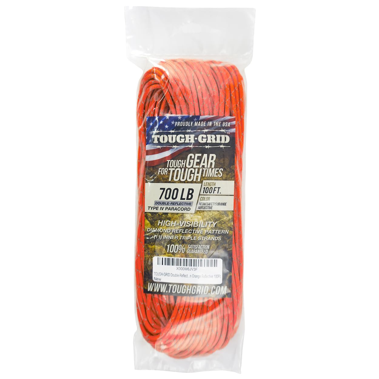 

700 lbs Reflective Paracord 100 feet 11 cores TOUGH-GRID (317 kg) (Orange)