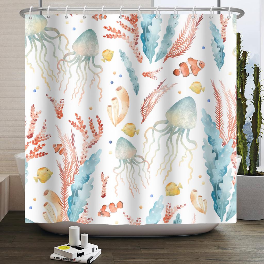 Sea Animals Shower Curtains Cute Dolphin Jellyfish Turtle Starfish Shell Coral Bathroom Bath Curtain Bathtub Privacy Partition