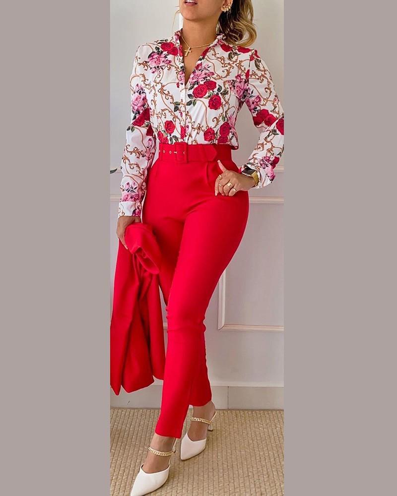 Printed Long-Sleeve Top & Solid Color Pants Suit with Belt