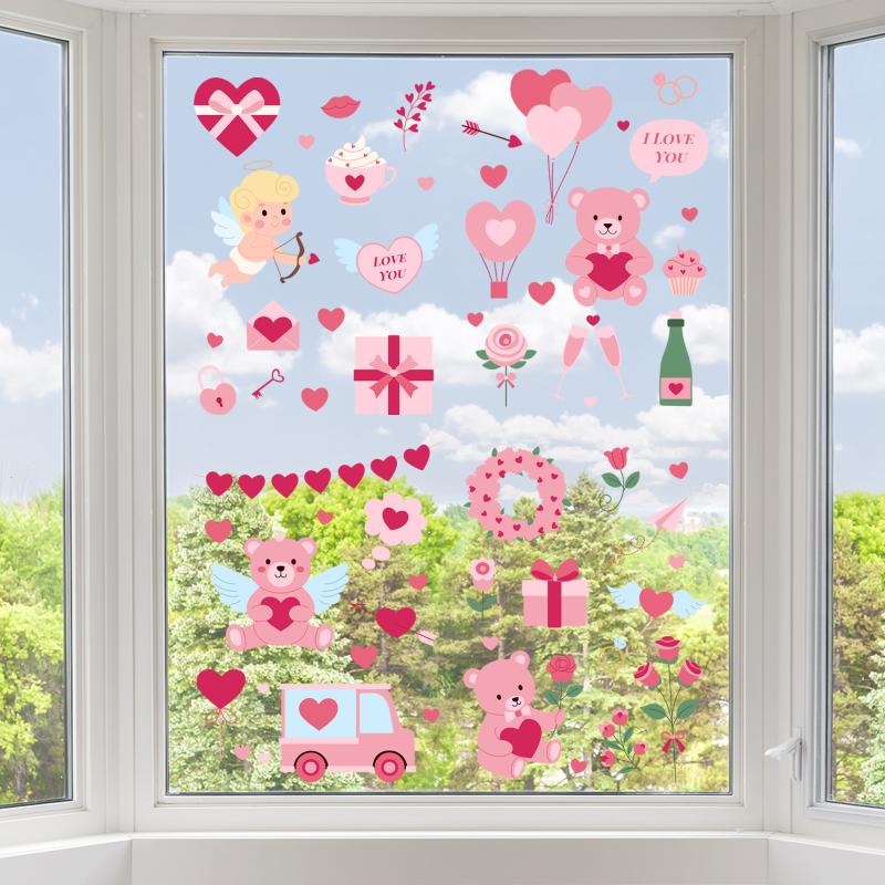 4 Stück Valentinstag Fensteraufkleber Niedliches Rotes Herzmuster in Aquarell Elektrostatisch Hochzeitsparty Hausdekorationsaufkleber