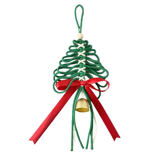 Hand-Woven Christmas Tree Ornaments Rustic Xmas Tree Shaped Handicrafts with Golden Cow Bell And Red Bow for Winter New Year Party Decorations