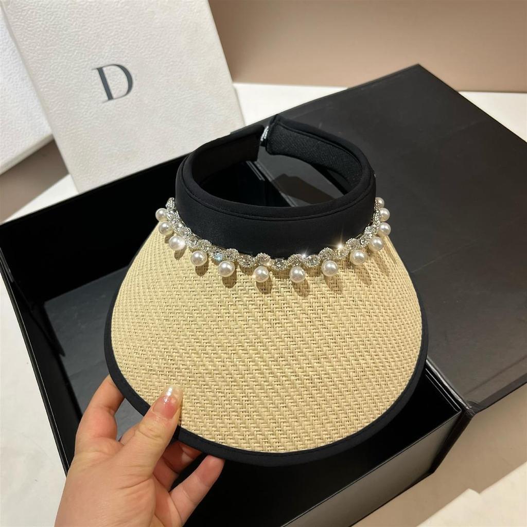 Light Luxury Pearl Rhinestone Empty Top Hat Women's Summer Outdoor Travel Light Big Brim Vinyl Sun Hat
