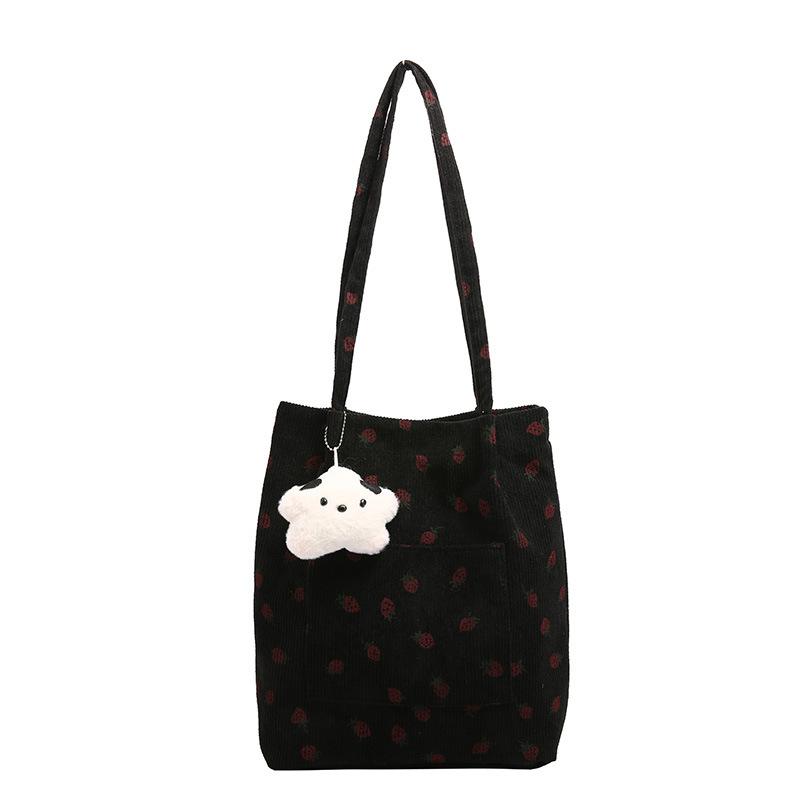 Versatile Corduroy Printed Tote Bag Student Class Make-Up Bag Large Capacity Shoulder Bag Strawberry Canvas Bag Bag