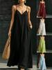 2026 V-neck Spaghetti Strap Maxi Dress: Casual Summer Fashion with Wide Hem & Solid Color for Women