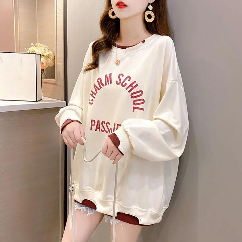 Cotton Sweatshirt Women Autumn Spring Large Size Loose Mid-Length Round Neck Sweatshirt Casual Versatile Long Sleeve Tops