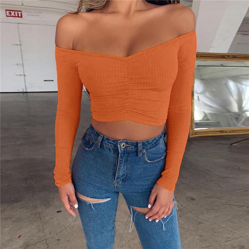 European and American women's clothing bottoming shirt slim-fitting open-navel long-sleeved t-shirt women's design sense one-word shoulder top women's