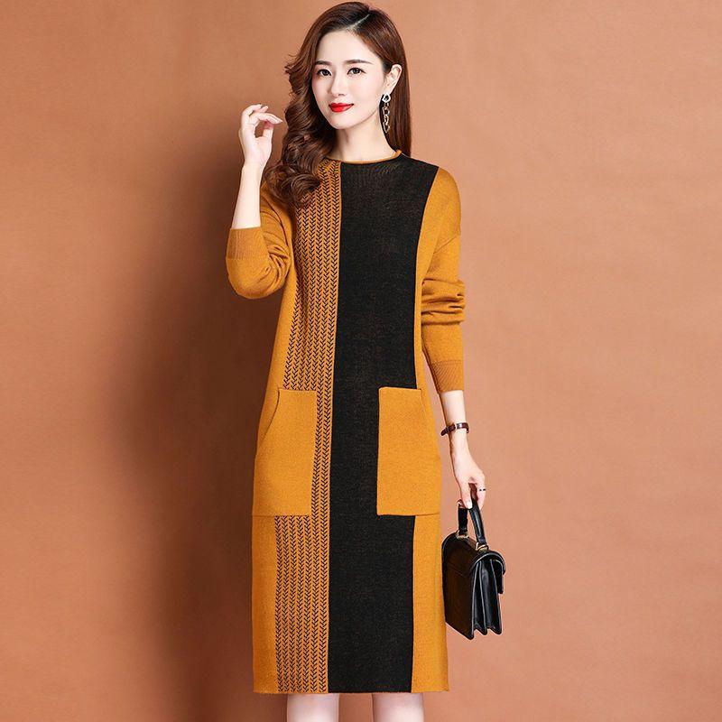 Women's Crew Neck Plus Size Knit Dress Autumn and Winter Color-Block Pullover Sweater Dress Over-the-Knee Mid-Length Knit Sweater