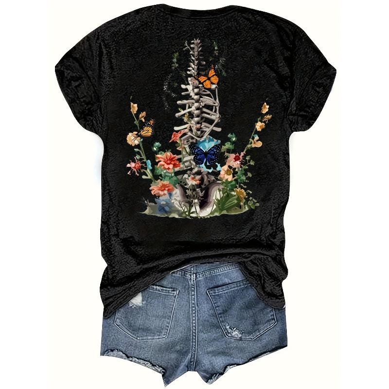 Womens Floral Butterfly Print Tee Round Neck Short Sleeve Casual Vacation Top