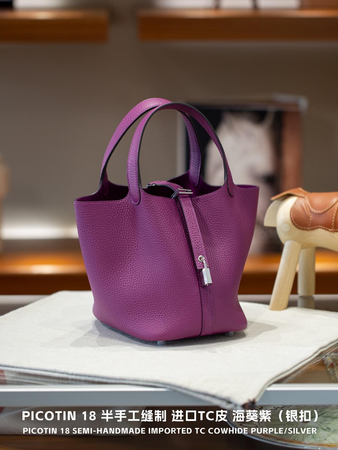 Borsa Tote Picotin18 a Mezzo Manico in Pelle Bovina di Primo Strato Cento Stili Classica Borsa da Donna Borsa a Mano 18cm violetto