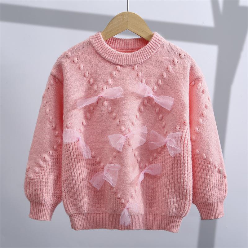Girls' Fleece-Lined Wool Sweater - Autumn/Winter Knit with Bow, Fashionable Street Style