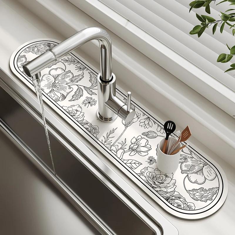 Green Fresh Sink Faucet Mat Kitchen Drain Mat Highly Absorbent Table Mat Diatom Mud Bathroom Non-Slip Mat Waterproof Countertop