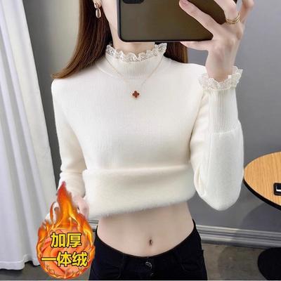 Lace Collar Integrated Velvet Inner Top To Keep Warm Autumn and Winter Design Sweater Women's Bottoming Shirt Thick