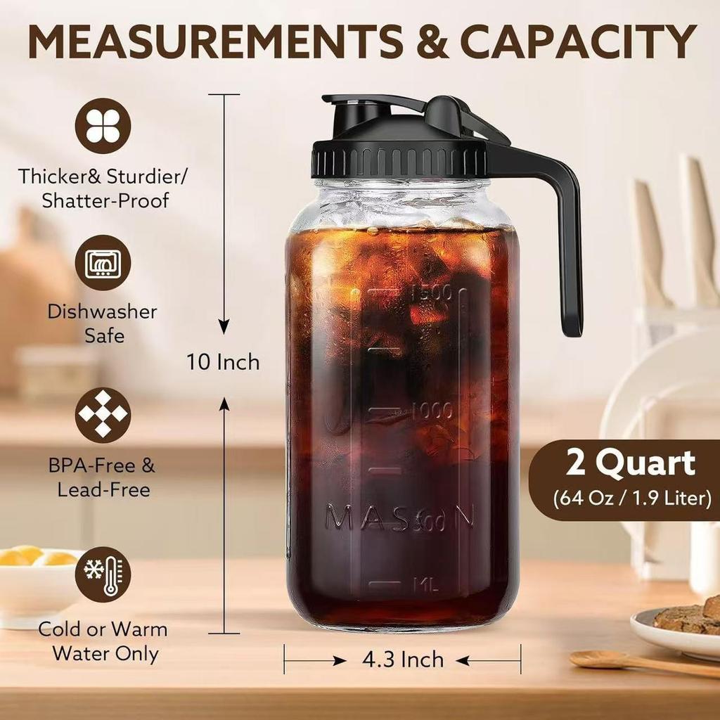 Large Capacity Cold Brew Coffee Maker - 34oz/64oz Thick Mason Jar with Handle, Spout, Lid, and Stainless Steel Filter
