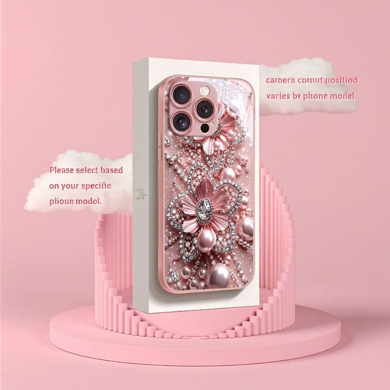 Pink Pearl Diamond Floral Pattern Pink Metallic Glass Phone Case For iPhone 17 Pro Max 11 12 13 14 15 16 Plus 17Air 16E Cover
